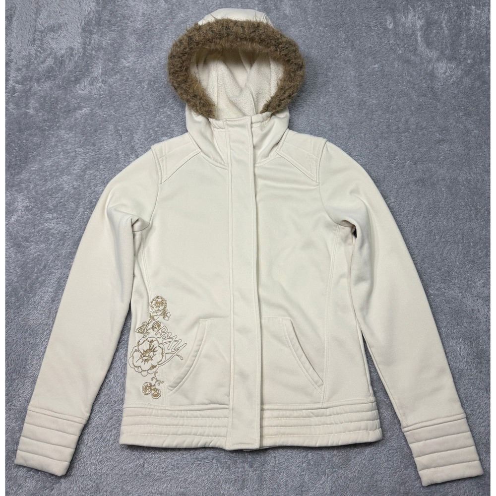 Vintage Y2K Roxy Jacket Womens S Cream Faux Fur Hooded Sherpa Zip Early 2000s